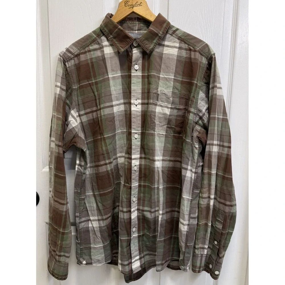 The North Face Men's L Plaid Long Sleeve Button Down Shirt Brown Green Outdoor